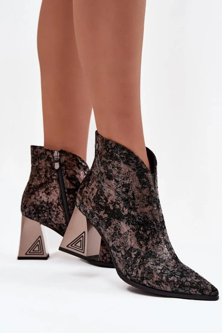 D&A Botki Ocieplane|Botki Skórzane*Skórzane Botki Damskie Na Słupku CR52-679 Czarne