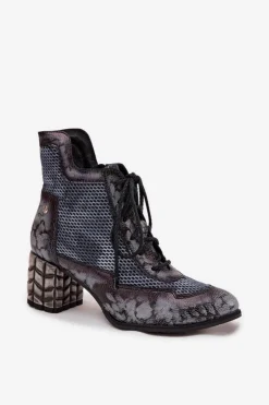 Maciejka Botki Maciejka|Botki Skórzane*Skórzane Botki Damskie Na Słupku 06989-03 Szare