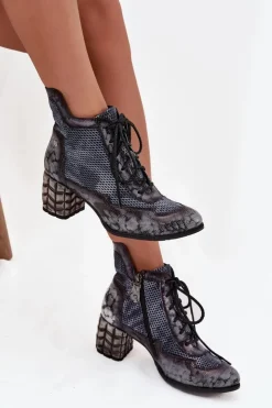 Maciejka Botki Maciejka|Botki Skórzane*Skórzane Botki Damskie Na Słupku 06989-03 Szare