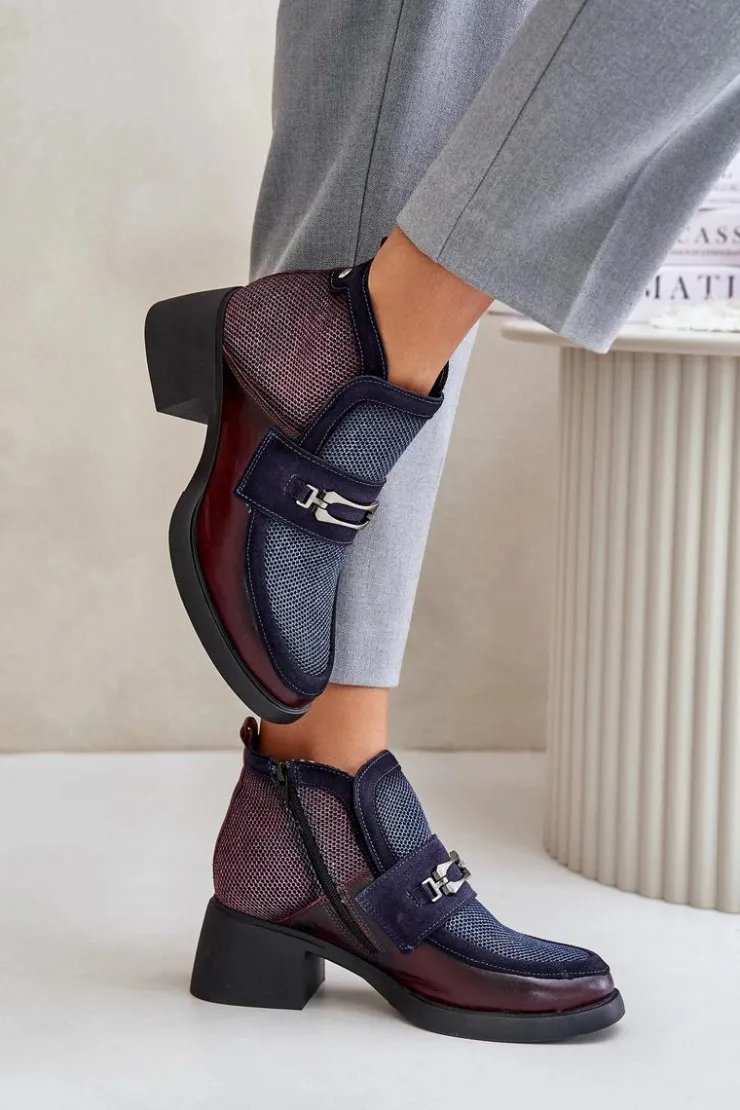 Damskie Maciejka Skórzane Botki Damskie Na Masywnym Obcasie Z Ozdobą A6747-23 Bordowo-Granatowe