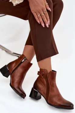 Zazoo Botki Ocieplane|Brązowe I Beżowe Botki*Skórzane Botki Damskie Na Obcasie Ocieplane 60563 Brązowe Brązowy