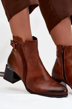 Zazoo Botki Ocieplane|Brązowe I Beżowe Botki*Skórzane Botki Damskie Na Obcasie Ocieplane 60563 Brązowe Brązowy