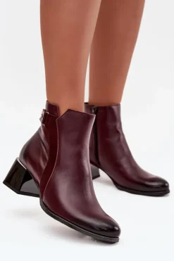 Zazoo Botki Ocieplane|Brązowe I Beżowe Botki*Skórzane Botki Damskie Na Obcasie Ocieplane 60563 Bordowe