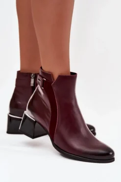 Zazoo Botki Ocieplane|Brązowe I Beżowe Botki*Skórzane Botki Damskie Na Obcasie Ocieplane 60563 Bordowe