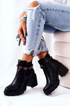 Damskie Boto Skórzane Botki Damskie Na Słupku Z Kryształami Czarne Makbet