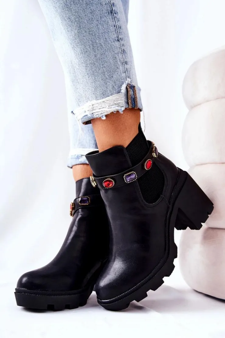 Damskie Boto Skórzane Botki Damskie Na Słupku Z Kryształami Czarne Makbet