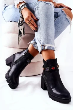 Damskie Boto Skórzane Botki Damskie Na Słupku Z Kryształami Czarne Makbet