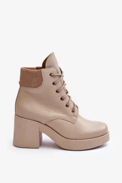 Boto Botki Skórzane|Botki Sznurowane*Skórzane Botki Damskie Na Słupku Beżowe Lemar Leocera