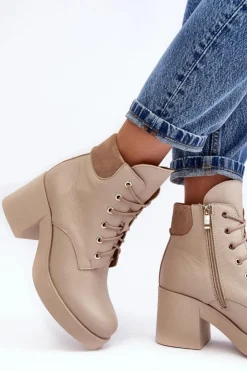 Boto Botki Skórzane|Botki Sznurowane*Skórzane Botki Damskie Na Słupku Beżowe Lemar Leocera