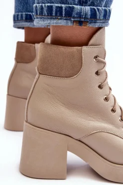 Boto Botki Skórzane|Botki Sznurowane*Skórzane Botki Damskie Na Słupku Beżowe Lemar Leocera