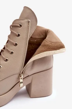 Boto Botki Skórzane|Botki Sznurowane*Skórzane Botki Damskie Na Słupku Beżowe Lemar Leocera