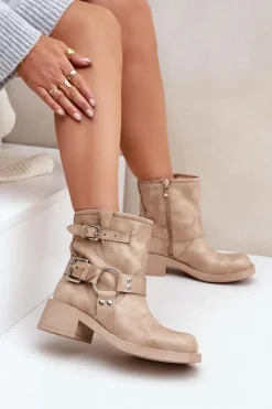 Best Zazoo Skórzane Botki Damskie Na Niskim Obcasie Klocku Z Paskami 3644 Beżowe Beżowy