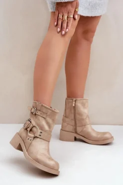 Best Zazoo Skórzane Botki Damskie Na Niskim Obcasie Klocku Z Paskami 3644 Beżowe Beżowy
