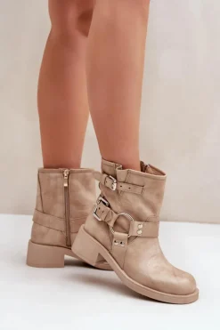 Best Zazoo Skórzane Botki Damskie Na Niskim Obcasie Klocku Z Paskami 3644 Beżowe Beżowy