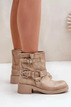 Best Zazoo Skórzane Botki Damskie Na Niskim Obcasie Klocku Z Paskami 3644 Beżowe Beżowy