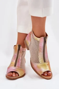 Damskie Maciejka Skórzane Botki Damskie Na Płaskim Obcasie Z Odkrytymi Palcami 06413-15 Różowo-Pomarańczowe