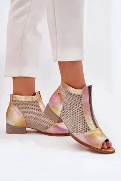 Damskie Maciejka Skórzane Botki Damskie Na Płaskim Obcasie Z Odkrytymi Palcami 06413-15 Różowo-Pomarańczowe