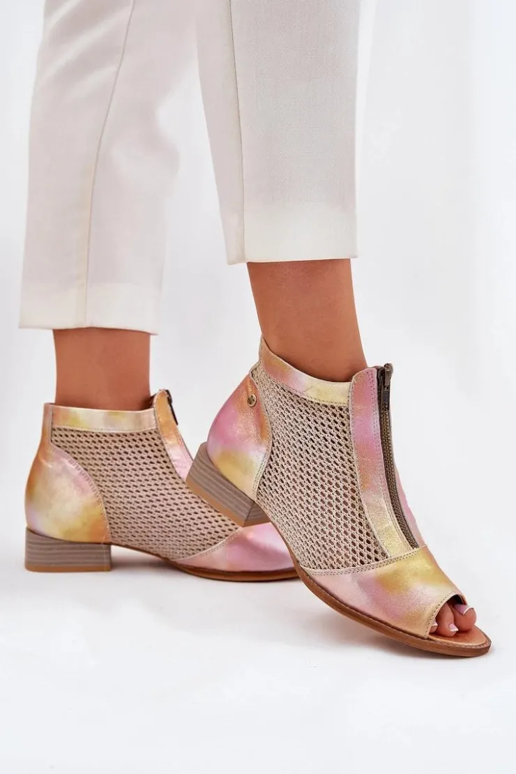 Damskie Maciejka Skórzane Botki Damskie Na Płaskim Obcasie Z Odkrytymi Palcami 06413-15 Różowo-Pomarańczowe