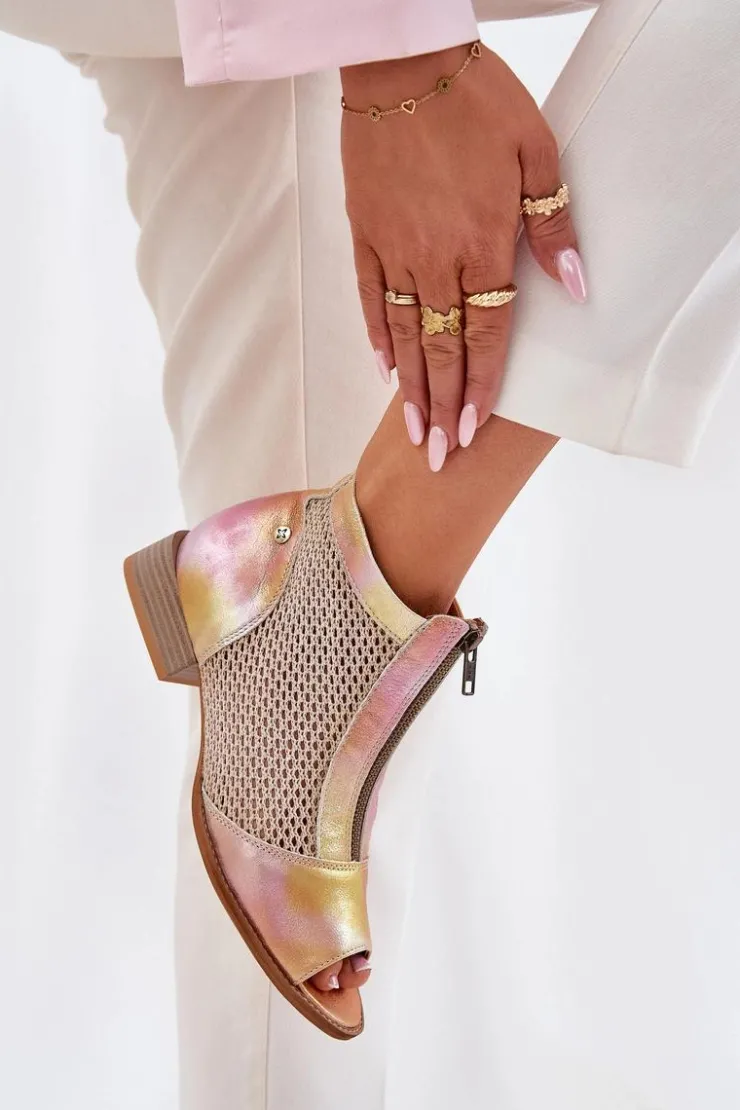 Damskie Maciejka Skórzane Botki Damskie Na Płaskim Obcasie Z Odkrytymi Palcami 06413-15 Różowo-Pomarańczowe