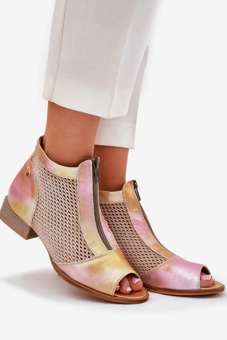Damskie Maciejka Skórzane Botki Damskie Na Płaskim Obcasie Z Odkrytymi Palcami 06413-15 Różowo-Pomarańczowe