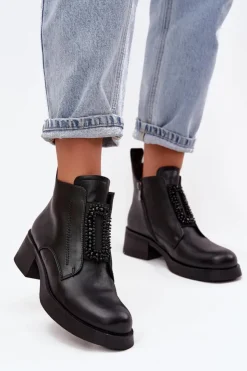 D&A Botki Skórzane|Botki Na Obcasie*Skórzane Botki Damskie Na Klocku Z Ozdobą JC52-869 Czarne