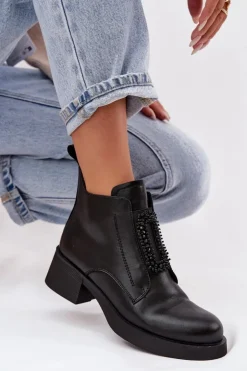 D&A Botki Skórzane|Botki Na Obcasie*Skórzane Botki Damskie Na Klocku Z Ozdobą JC52-869 Czarne