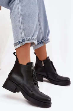 D&A Botki Skórzane|Botki Na Obcasie*Skórzane Botki Damskie Na Klocku Z Ozdobą JC52-869 Czarne