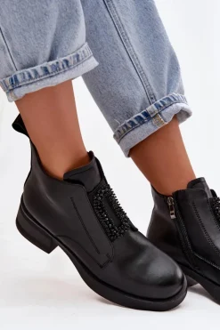 D&A Botki Skórzane|Botki Na Obcasie*Skórzane Botki Damskie Na Klocku Z Ozdobą JC52-869 Czarne