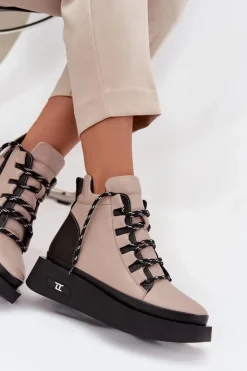 Online Artiker Skórzane Botki Damskie Na Platformie Ocieplane 55C0884 Beżowe