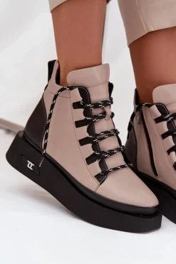 Online Artiker Skórzane Botki Damskie Na Platformie Ocieplane 55C0884 Beżowe