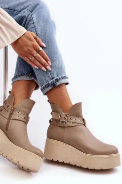 Zazoo Botki Skórzane|Botki Na Koturnie*Skórzane Botki Damskie Na Koturnie Platformie Z Paskami 1752 Beżowe