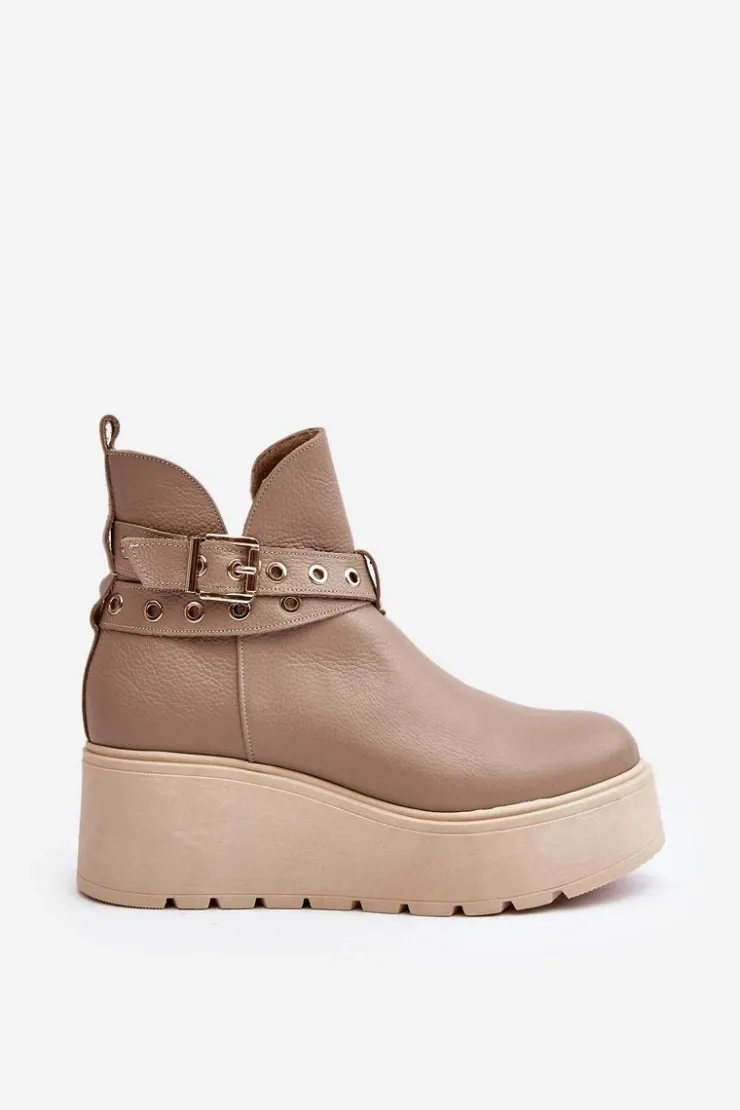 Zazoo Botki Skórzane|Botki Na Koturnie*Skórzane Botki Damskie Na Koturnie Platformie Z Paskami 1752 Beżowe