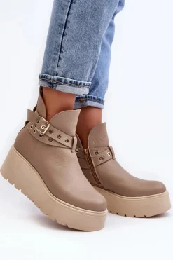 Zazoo Botki Skórzane|Botki Na Koturnie*Skórzane Botki Damskie Na Koturnie Platformie Z Paskami 1752 Beżowe