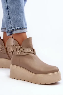 Zazoo Botki Skórzane|Botki Na Koturnie*Skórzane Botki Damskie Na Koturnie Platformie Z Paskami 1752 Beżowe