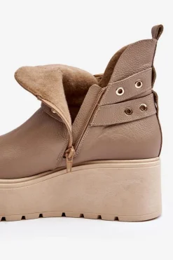 Zazoo Botki Skórzane|Botki Na Koturnie*Skórzane Botki Damskie Na Koturnie Platformie Z Paskami 1752 Beżowe