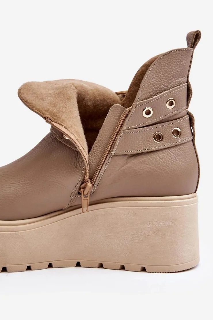 Zazoo Botki Skórzane|Botki Na Koturnie*Skórzane Botki Damskie Na Koturnie Platformie Z Paskami 1752 Beżowe