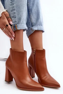 Online Boto Skórzane Botki Damskie Na Słupku Brązowe Saitana