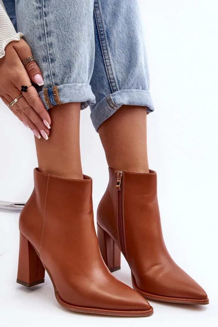 Online Boto Skórzane Botki Damskie Na Słupku Brązowe Saitana