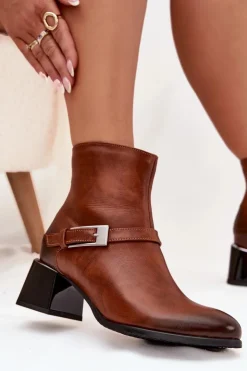 Clearance Zazoo Skórzane Botki Damskie Na Obcasie Z Klamrą 60562 Brązowe