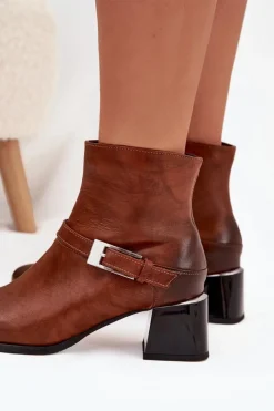 Clearance Zazoo Skórzane Botki Damskie Na Obcasie Z Klamrą 60562 Brązowe