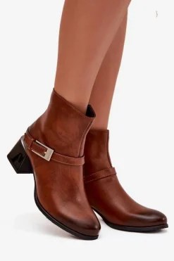 Clearance Zazoo Skórzane Botki Damskie Na Obcasie Z Klamrą 60562 Brązowe