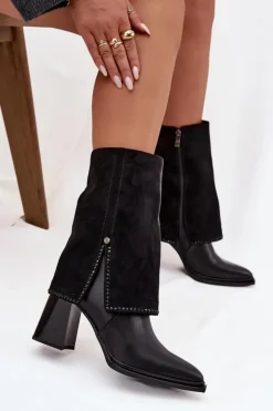 Maciejka Botki Maciejka|Botki Skórzane*Skórzane Botki Damskie Na Słupku Z Wywiniętą Cholewką Ocieplane K7206-01 Czarne