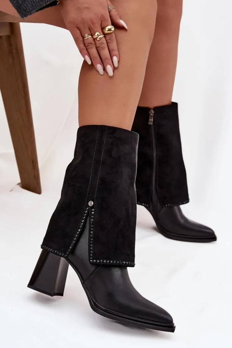 Maciejka Botki Maciejka|Botki Skórzane*Skórzane Botki Damskie Na Słupku Z Wywiniętą Cholewką Ocieplane K7206-01 Czarne