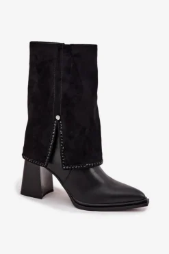 Maciejka Botki Maciejka|Botki Skórzane*Skórzane Botki Damskie Na Słupku Z Wywiniętą Cholewką Ocieplane K7206-01 Czarne