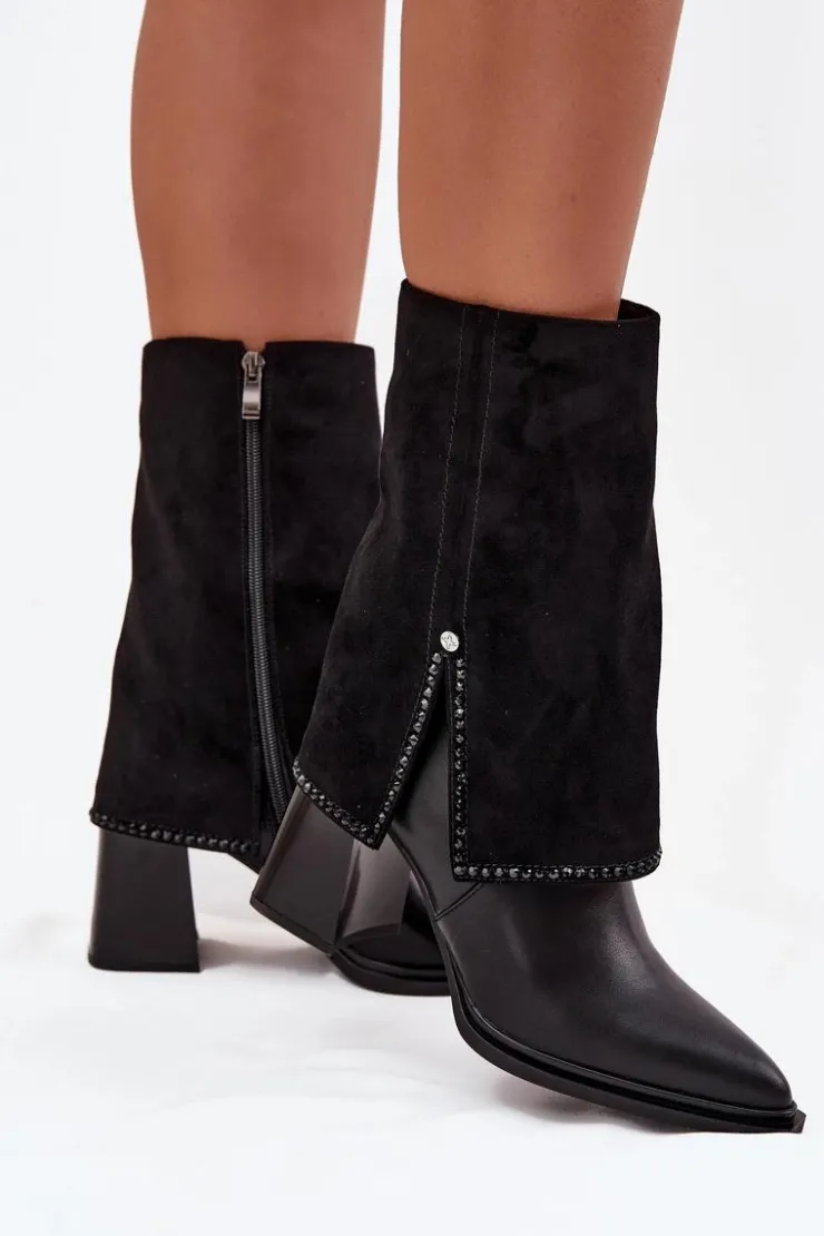 Maciejka Botki Maciejka|Botki Skórzane*Skórzane Botki Damskie Na Słupku Z Wywiniętą Cholewką Ocieplane K7206-01 Czarne