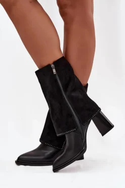 Maciejka Botki Maciejka|Botki Skórzane*Skórzane Botki Damskie Na Słupku Z Wywiniętą Cholewką Ocieplane K7206-01 Czarne