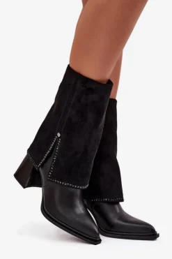 Maciejka Botki Maciejka|Botki Skórzane*Skórzane Botki Damskie Na Słupku Z Wywiniętą Cholewką Ocieplane K7206-01 Czarne