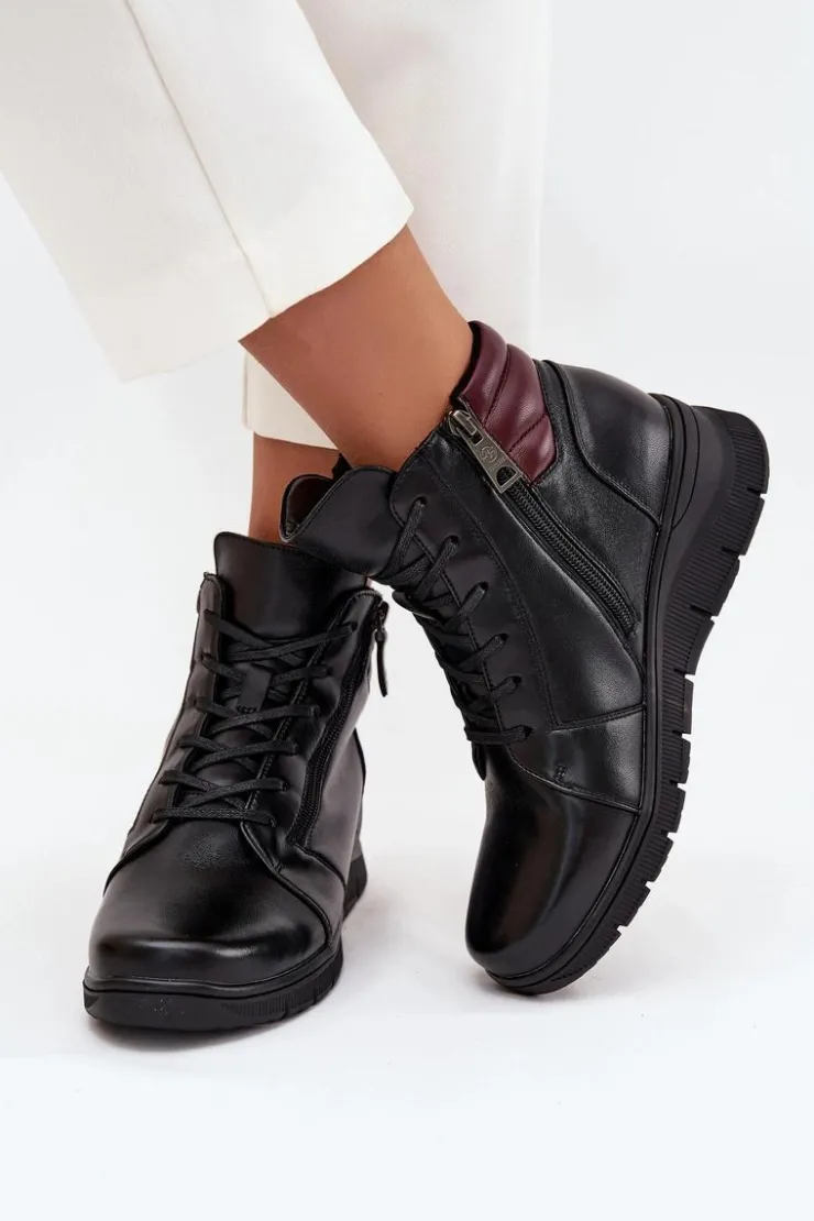 Hot Buty damskie Vinceza Skórzane Botki Damskie Na Koturnie Ocieplane Vinceza 39963 Czarne Czarny