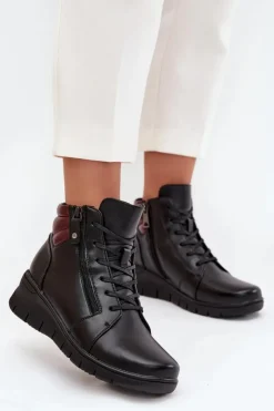 Hot Buty damskie Vinceza Skórzane Botki Damskie Na Koturnie Ocieplane Vinceza 39963 Czarne Czarny