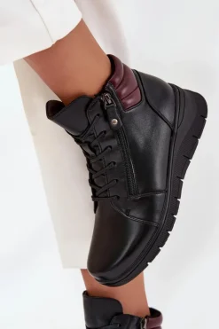 Hot Buty damskie Vinceza Skórzane Botki Damskie Na Koturnie Ocieplane Vinceza 39963 Czarne Czarny